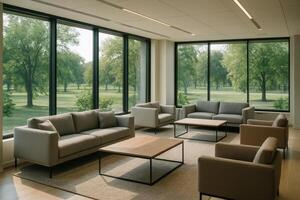Modern co working space common area with comfortable sofas and park view photo