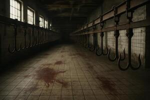 Chilling abandoned industrial meat processing plant with rusty hooks and bloodstains on floor photo