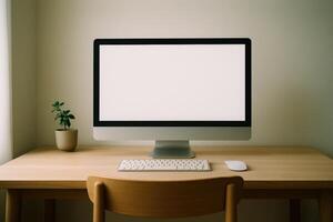 Minimalist home office workspace with blank computer monitor on wooden desk photo