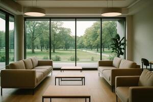 Modern co working space common area with comfortable sofas and tables overlooking a green park photo