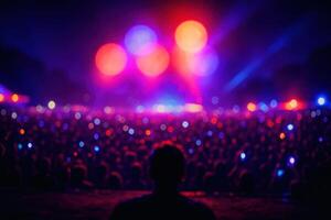 Nighttime open air music festival crowd with vibrant stage lights and blurred audience from behind photo