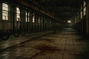 Chilling, dark, and abandoned industrial meat processing plant with rusty hooks hanging from a rail photo
