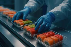 Hands in blue sterile gloves arranging sushi rolls on a conveyor belt in a food production facility photo