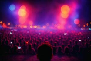Vibrant night music festival crowd enjoying live concert with colorful stage lights photo