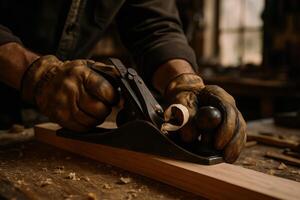 Skilled artisan gloved hands using a traditional hand plane on wood photo