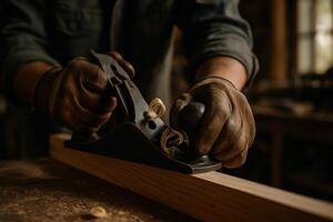 Close up of a craftsman gloved hands shaping wood with a traditional hand plane photo