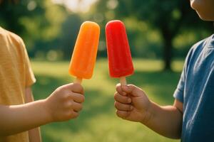 Children hands holding bright red and orange popsicles on a sunny summer day photo