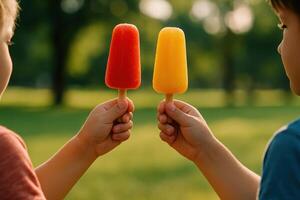 Brightly colored popsicles held by children hands, a symbol of summer and friendship photo