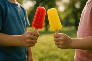 Children hands holding bright red and yellow popsicles outdoors in summer sunlight photo