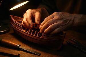 Close up of a craftsman hands meticulously building a wooden ship model photo