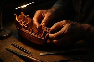 Skilled craftsman hands meticulously building a detailed wooden ship model photo