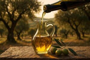 Golden olive oil pouring into glass carafe in a mediterranean olive grove photo