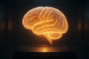Glowing translucent holographic human brain with pulsating neural pathways photo