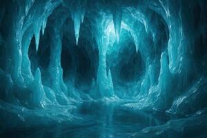 Colossal blue ice cave interior with intricate frozen formations and reflective water photo