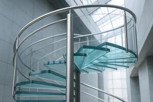 Sleek minimalist spiral staircase featuring glass steps and metal handrail photo