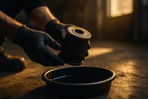 Close up of a mechanic gloved hands holding a dirty car oil filter over a drain pan during vehicle maintenance. photo
