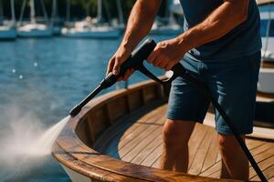 Man using a high pressure washer to clean the wooden deck of a boat in a sunny marina photo
