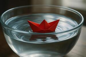 Bright red paper boat floating in clear glass bowl with rippling water photo