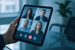 Hand holding digital tablet displaying a virtual meeting with blurred participants photo