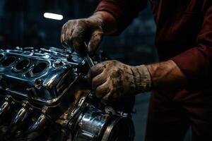 Skilled automotive mechanic hands tightening a bolt on a gleaming car engine in a workshop photo