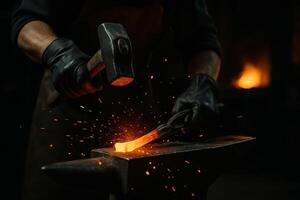 Blacksmith shaping hot metal with hammer on anvil, sparks flying in dark workshop. photo