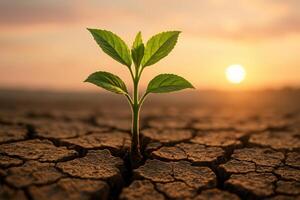 Resilient green sapling breaking through cracked dry earth at sunset photo