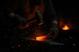 Skilled blacksmith hammering glowing hot metal on an anvil with sparks flying photo