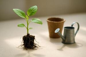 Young green plant seedling with exposed roots, a small pot, and a miniature watering can for gardening photo