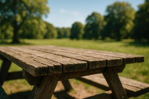 Weathered wooden picnic table with rough hewn planks in a sunny outdoor park setting photo