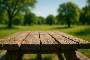 Empty weathered wooden picnic table in a sunny green park landscape photo