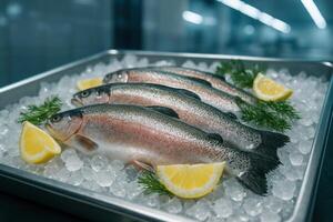 Fresh rainbow trout on crushed ice with lemon slices in a stainless steel tray photo