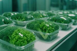 Fresh green broccoli and lettuce packed in clear plastic containers on a food production line photo