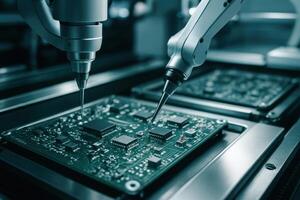 Robotic arms precisely assembling intricate electronic circuit boards on a high tech manufacturing line photo