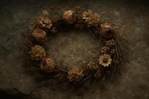 Rustic dried flower and twig wreath on weathered stone surface, natural autumn decoration photo