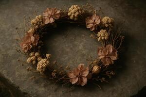 Rustic dried flower and twig wreath artfully arranged on a stone surface photo