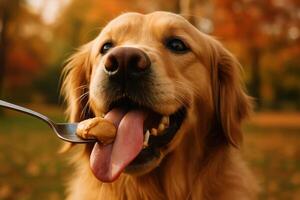 Golden retriever dog with tongue out happily licking peanut butter from a spoon photo