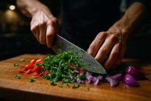Dynamic close up of hands rapidly chopping fresh herbs and colorful vegetables photo