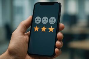 Smartphone displaying three star rating and neutral faces for customer feedback photo