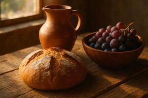Rustic still life with freshly baked bread, terracotta jug, and grapes on a wooden table photo