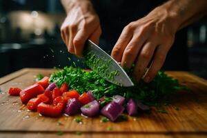 Close up of hands chopping fresh green herbs and colorful vegetables on a wooden cutting board photo