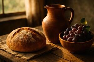 Rustic still life with fresh bread, terracotta jug, and red grapes on wooden table photo
