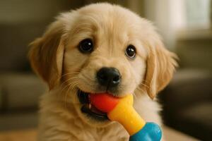 Adorable golden retriever puppy chewing on a colorful squeaky bone toy indoors photo