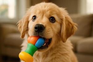 Close up portrait of a fluffy golden retriever puppy chewing a colorful squeaky toy photo