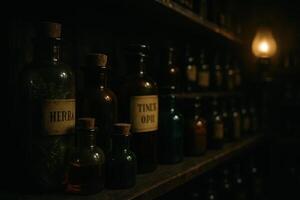 Antique glass bottles on a dimly lit apothecary shelf with old labels photo