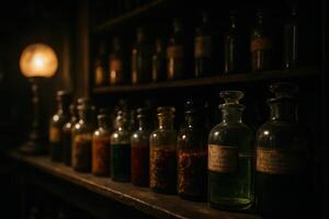 Antique glass bottles with potions and herbs in a dimly lit old apothecary shop photo