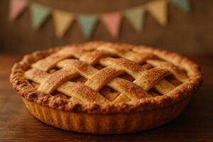 Freshly baked apple pie with lattice crust dusted with cinnamon sugar on a wooden table photo