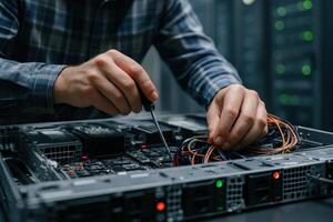 IT engineer hands working on server hardware in a data center environment photo