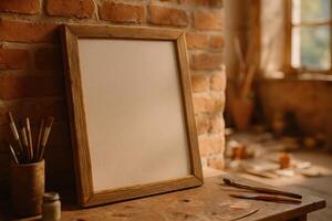 Blank canvas with rustic wooden frame leaning against a brick wall in a sunlit art studio photo