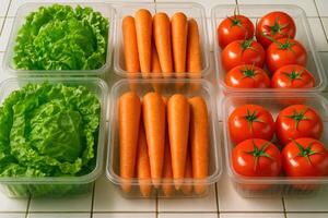 Fresh lettuce, carrots, and ripe tomatoes neatly arranged in clear plastic containers photo
