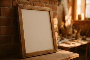 Blank canvas in a rustic wooden frame against a brick wall in a sunlit artist studio. photo